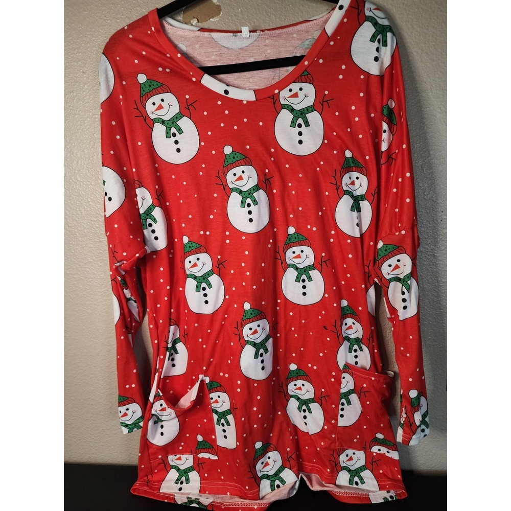 Red Snowman Polka Dot Christmas Tunic Top Long Sleeve Pockets XL